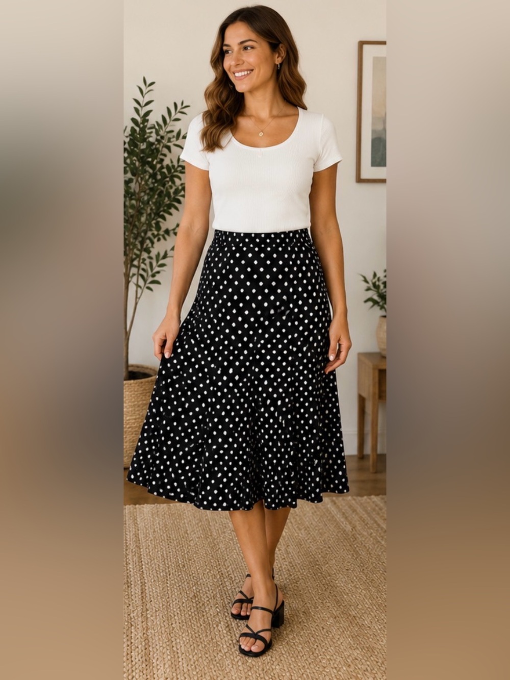 🌸679 Ronni Nicole Black White Polka Dot Midi Skirt Size Large Flared Stretch